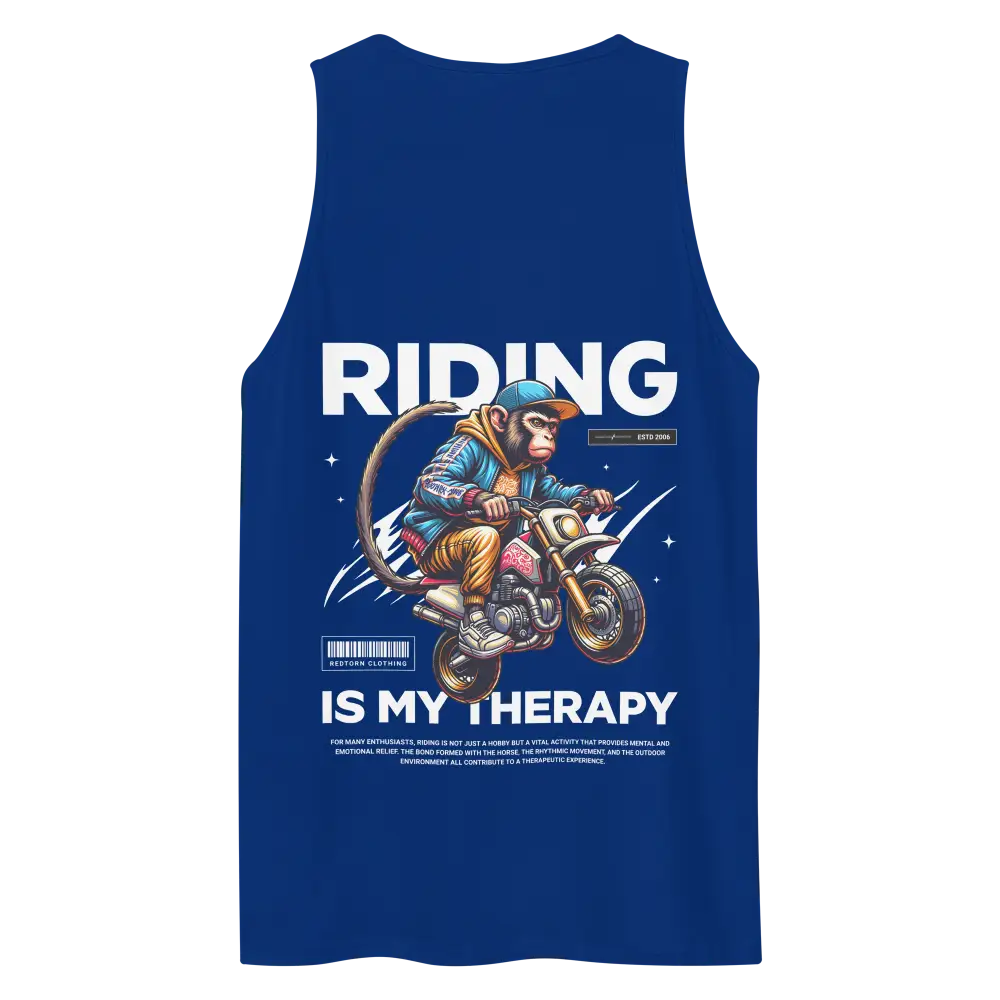 Royal blue Monkey Biker Therapy tank top with monkey on motorcycle graphic