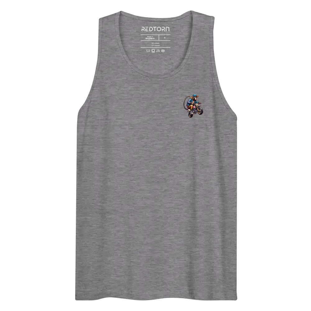 Heather gray Monkey Biker Therapy tank top with red logo and motorcycle monkey graphic