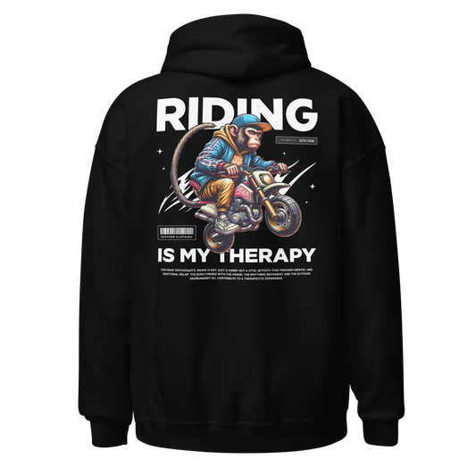 Redtorn Monkey premium unisex hoodie with black fabric, colorful motorcycle rider graphic, and Riding is My Therapy text