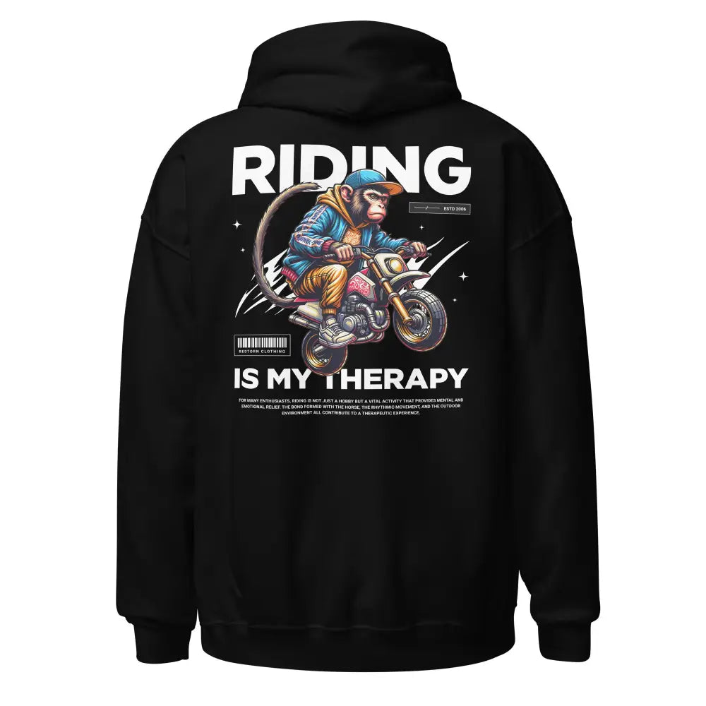 Motorcycle Monkey Unisex Therapy Hoodie with rider graphic on back