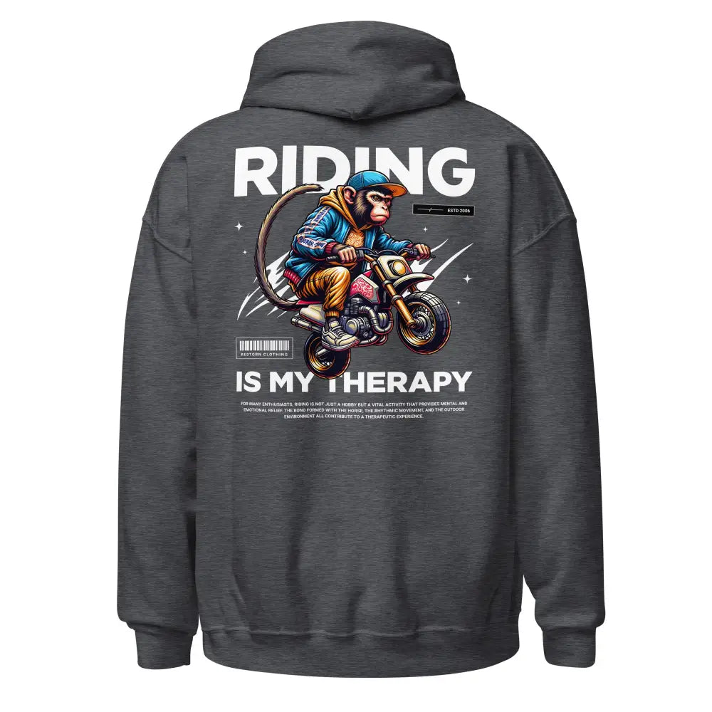 Motorcycle Monkey Unisex Hoodie: Charcoal Adult Hoodie with Colorful Motorcycle Rider Graphic and Riding is My Therapy Text
