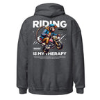 Motorcycle Monkey Unisex Hoodie: Charcoal Adult Hoodie with Colorful Motorcycle Rider Graphic and Riding is My Therapy Text