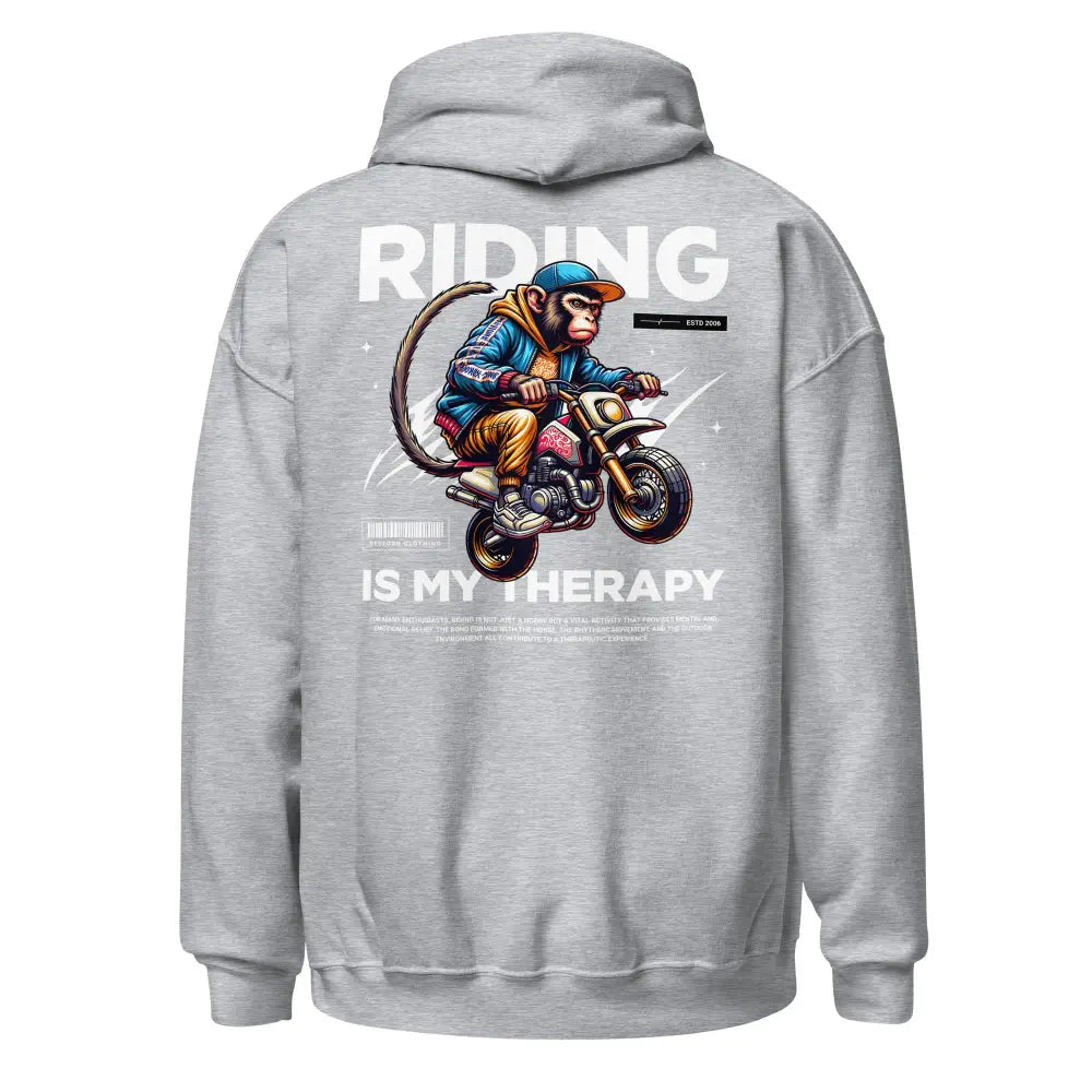 Motorcycle Monkey Unisex Hoodie with Rider Graphic and Riding is My Therapy Text