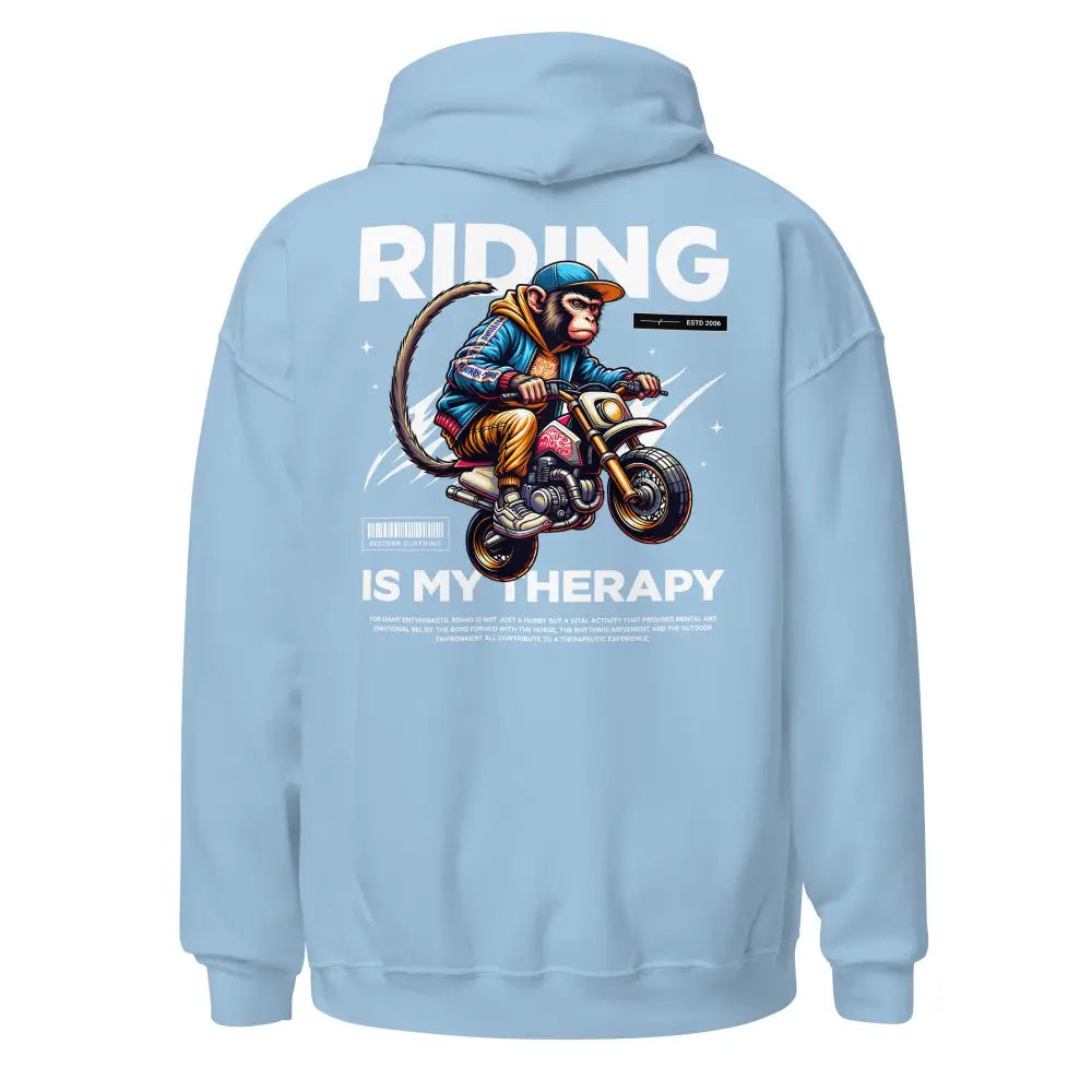 Motorcycle Monkey Unisex Hoodie with Rider Graphic and Riding is My Therapy Text