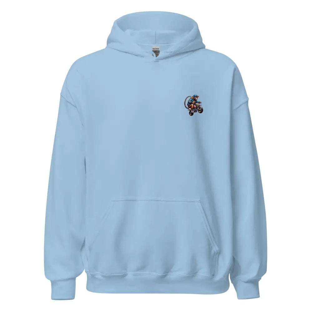 Light blue Motorcycle Monkey unisex adult hoodie with embroidered action pose on chest