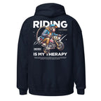 Motorcycle Monkey Unisex Hoodie Redtorn: Navy Blue with Rider Graphic