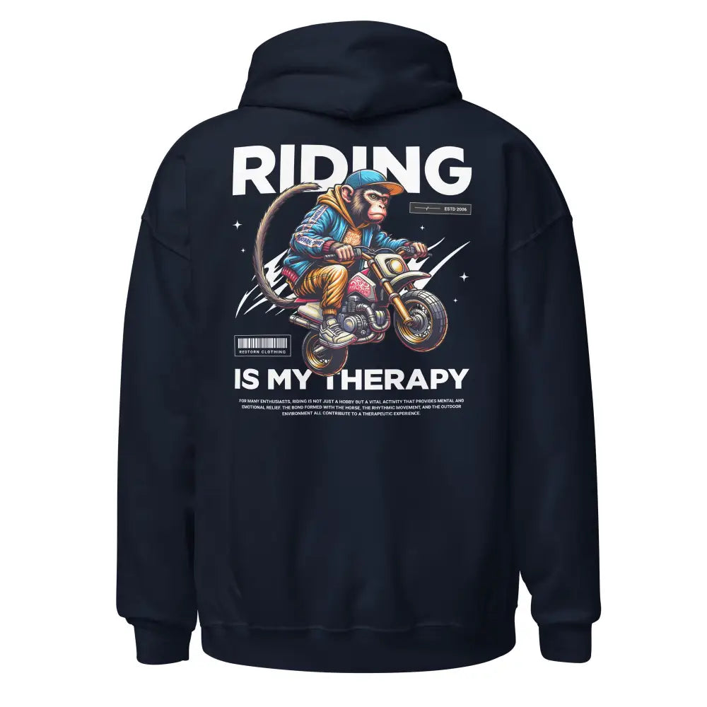 Motorcycle Monkey Unisex Hoodie Redtorn: Navy Blue with Rider Graphic