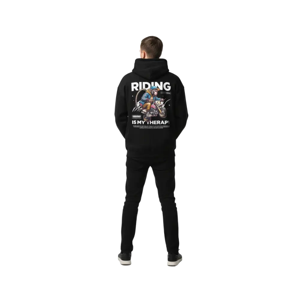 Motorcycle Monkey Unisex Hoodie with colorful motorcyclist graphic and Riding is my therapy text on back