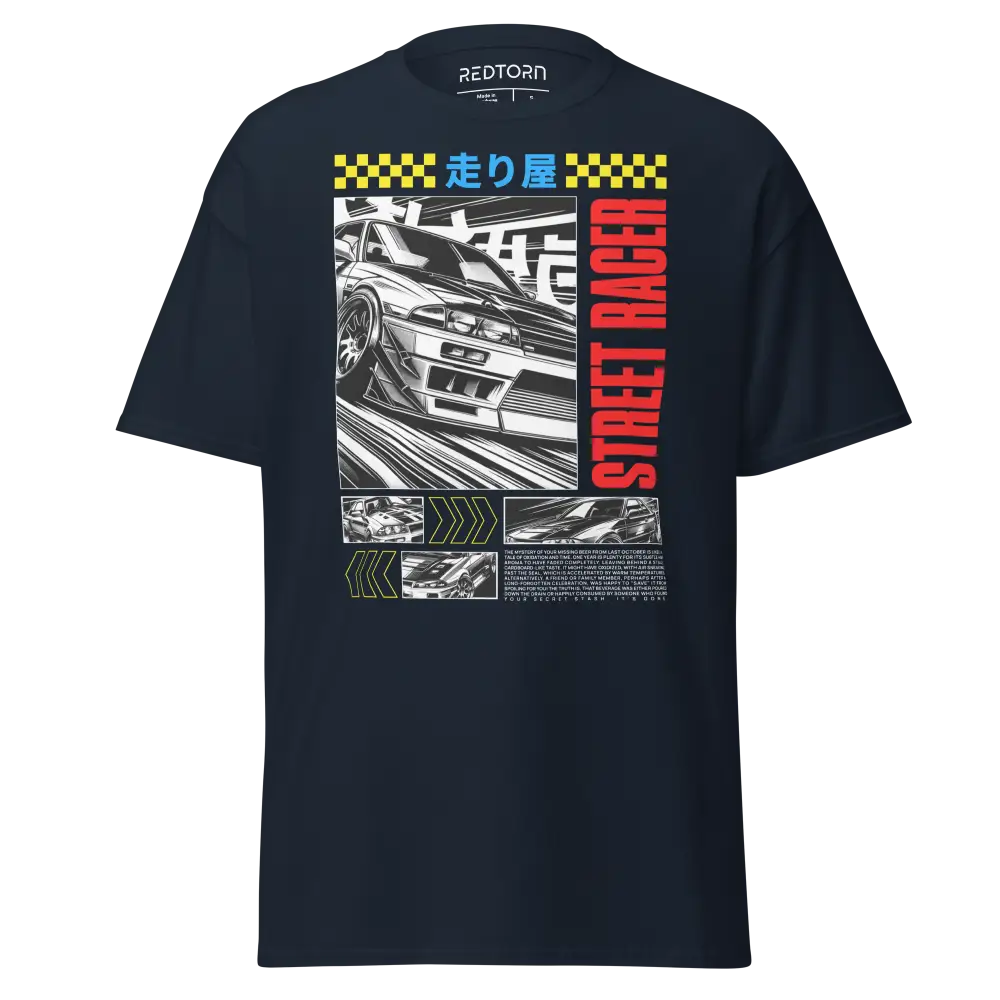 Navy blue Street Racer premium unisex tee with checkered flag