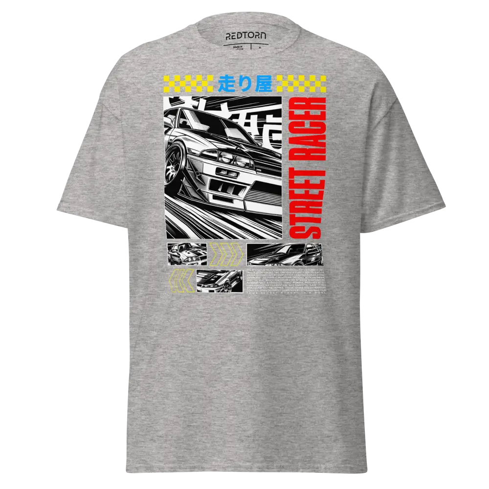 Street Racer Premium Unisex Tee in heather gray cotton blend with bold Japanese text and car design
