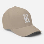 Beige Gothic R puff embroidery flexi fit baseball cap with elastic stretch band