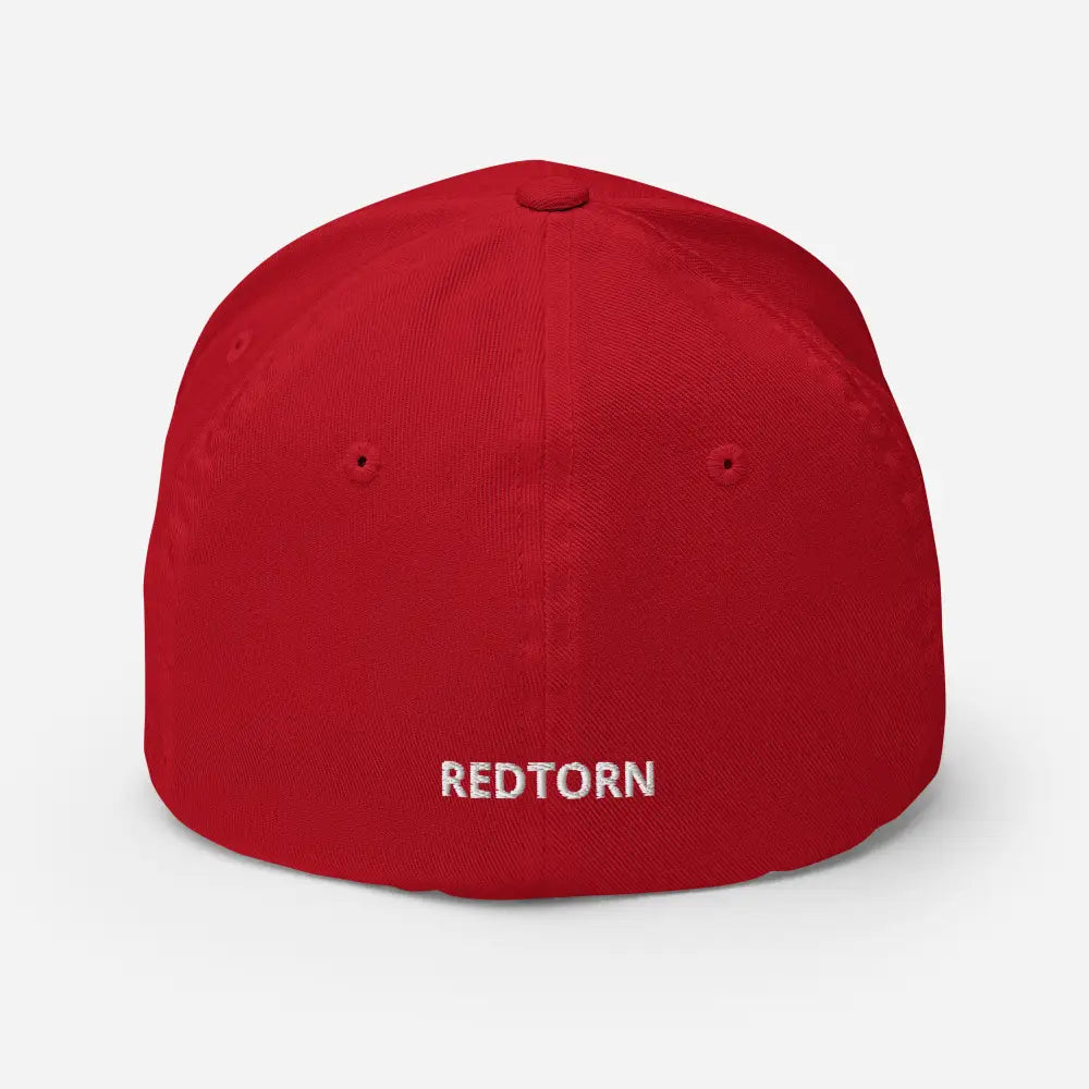 Red cotton Gothic R puff embroidery flexi fit baseball cap with elastic stretch band