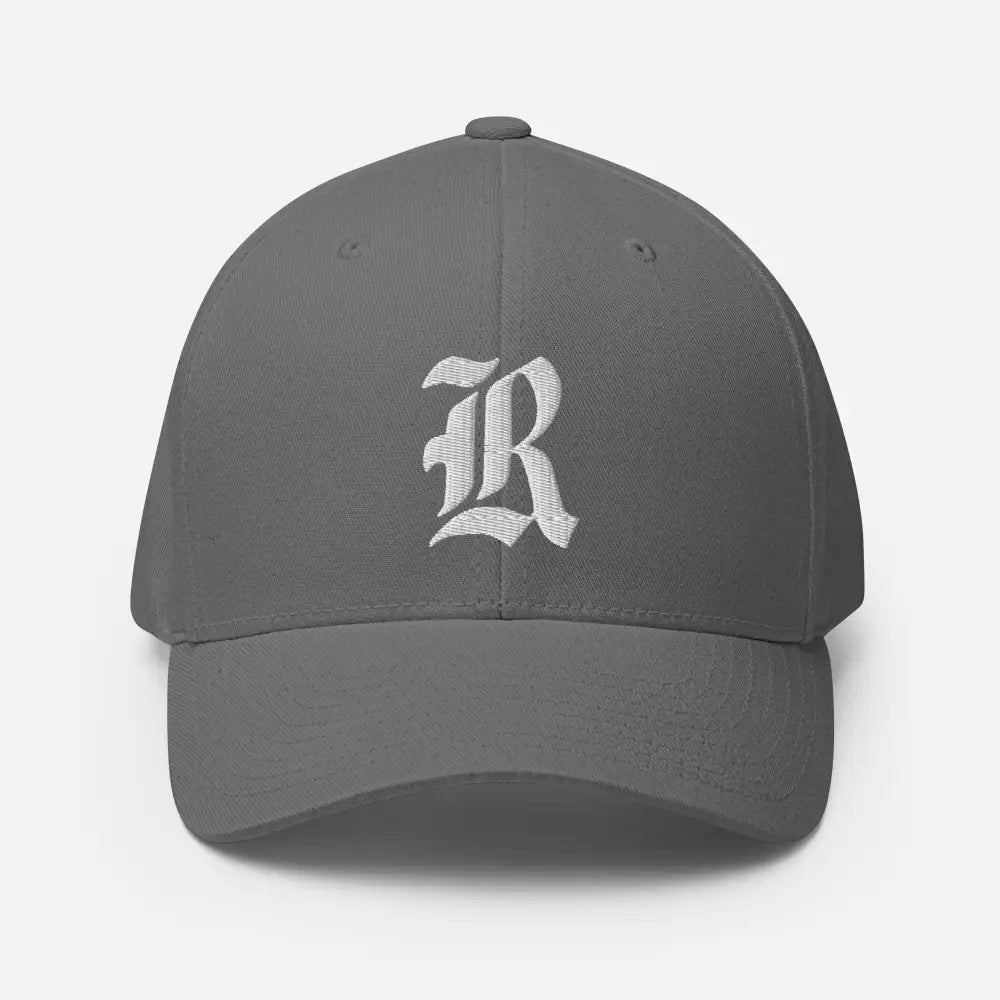 Gray flexi fit baseball cap with white gothic R puff embroidery