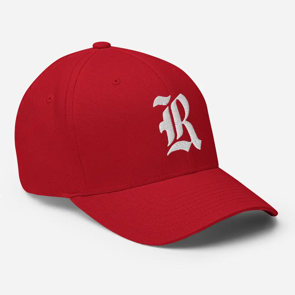 Red Gothic R puff embroidery flexi fit baseball cap with white logo