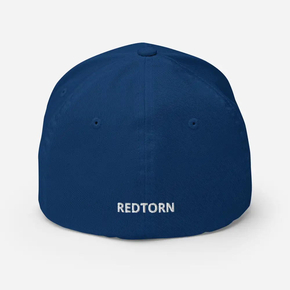 Deep navy blue Gothic R puff embroidery flexi fit baseball cap with Redtorn branding