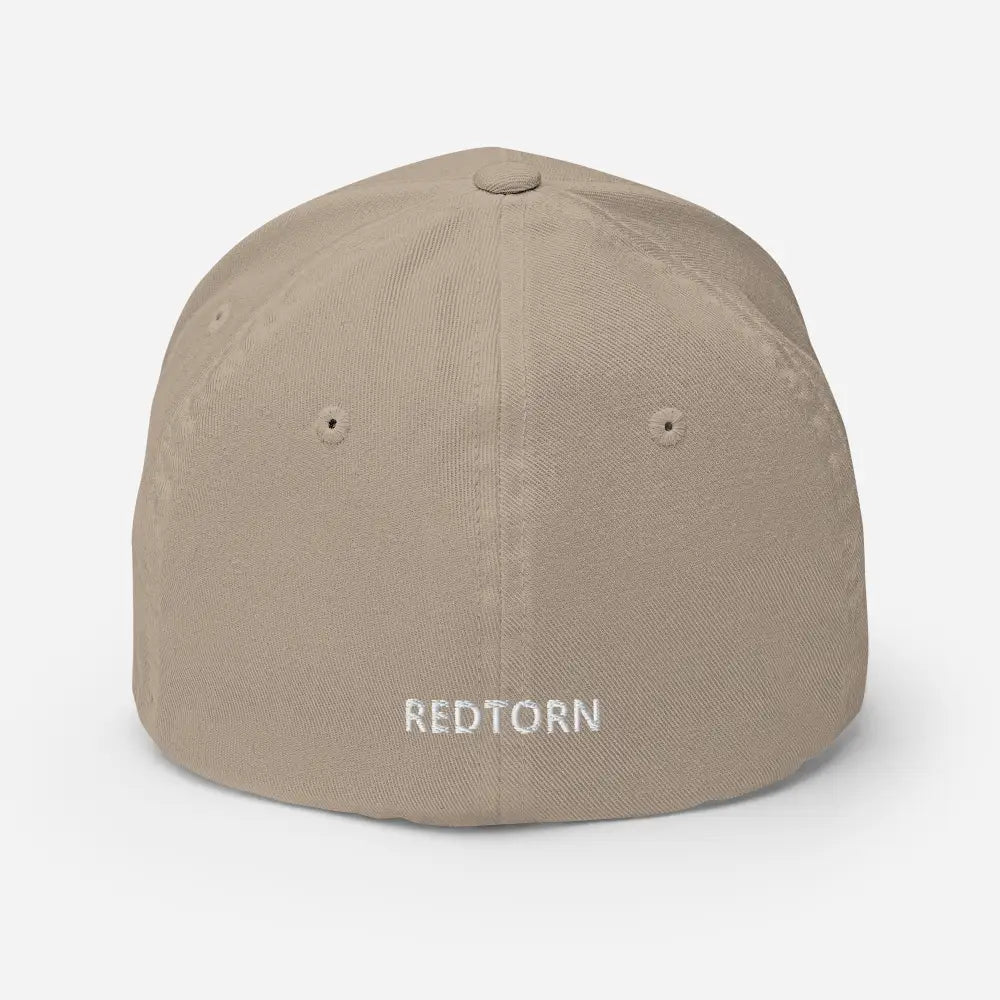 Gothic R puff embroidery flexi fit baseball cap with beige fabric and white redtorn logo on back