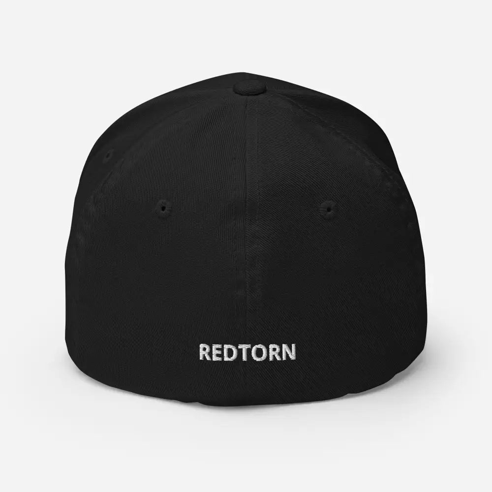 Black flexi fit baseball cap with Gothic R puff embroidery and redtorn logo