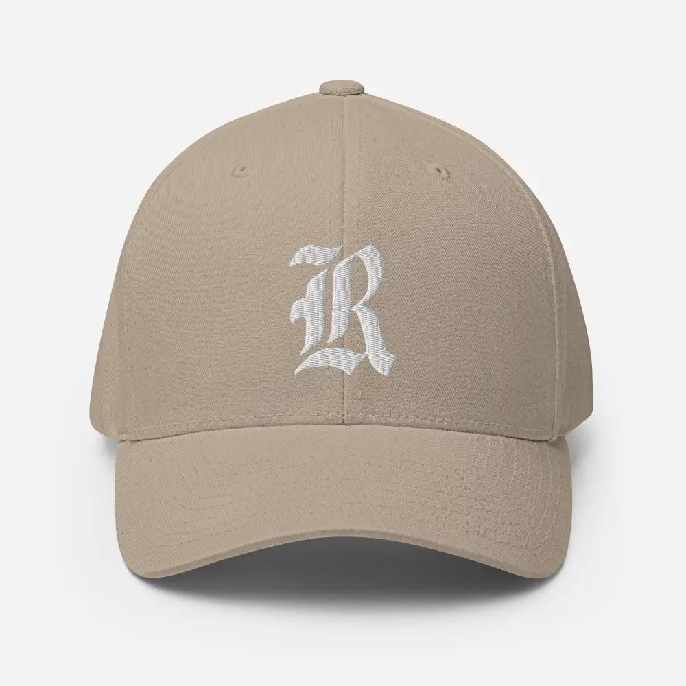 Beige flexi fit baseball cap with white gothic R puff embroidery
