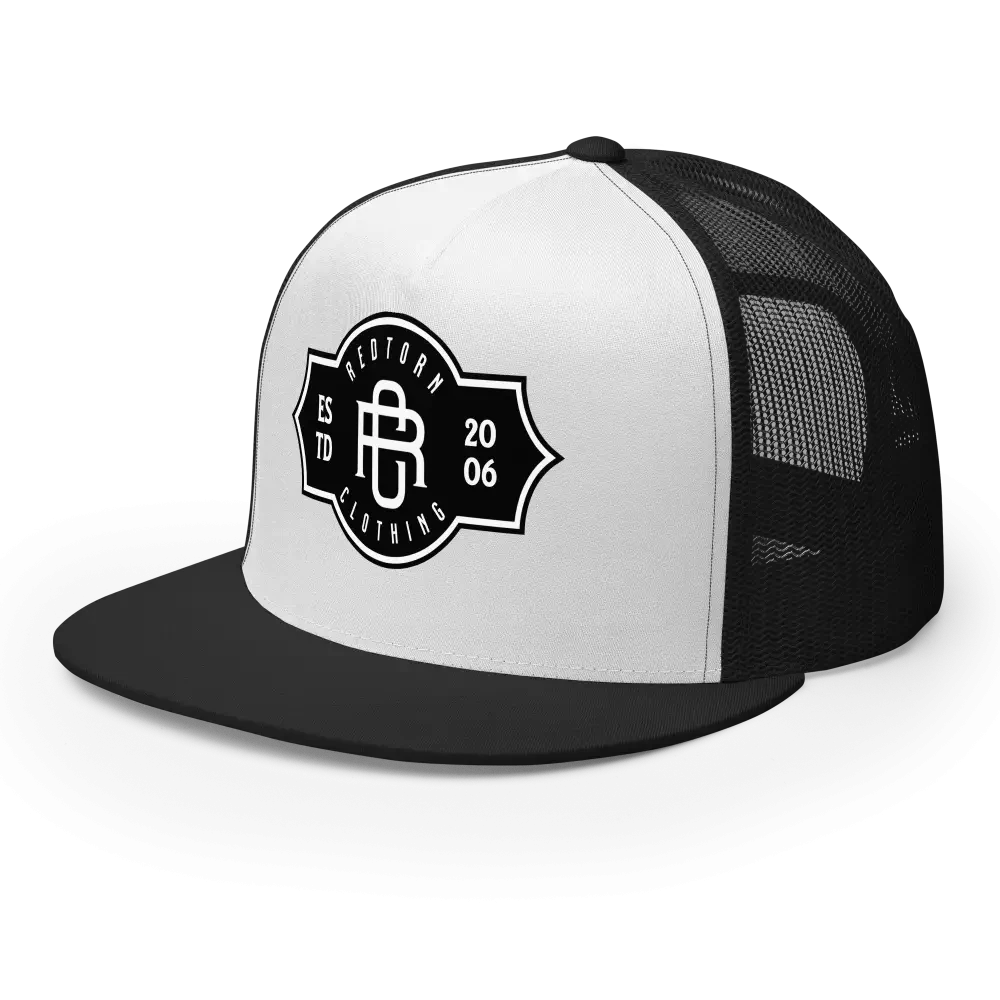 RC Legacy snapback cap: black and white trucker hat with logo