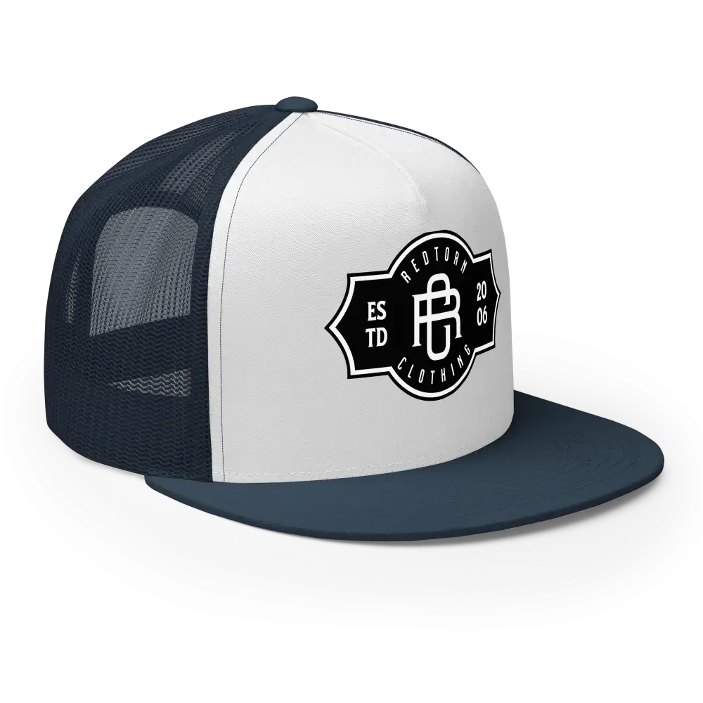 RC Legacy Snapback Cap: White and Navy Blue Trucker Hat with Black Logo