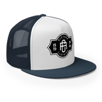 RC Legacy Snapback Cap: White and Navy Blue Trucker Hat with Black Logo