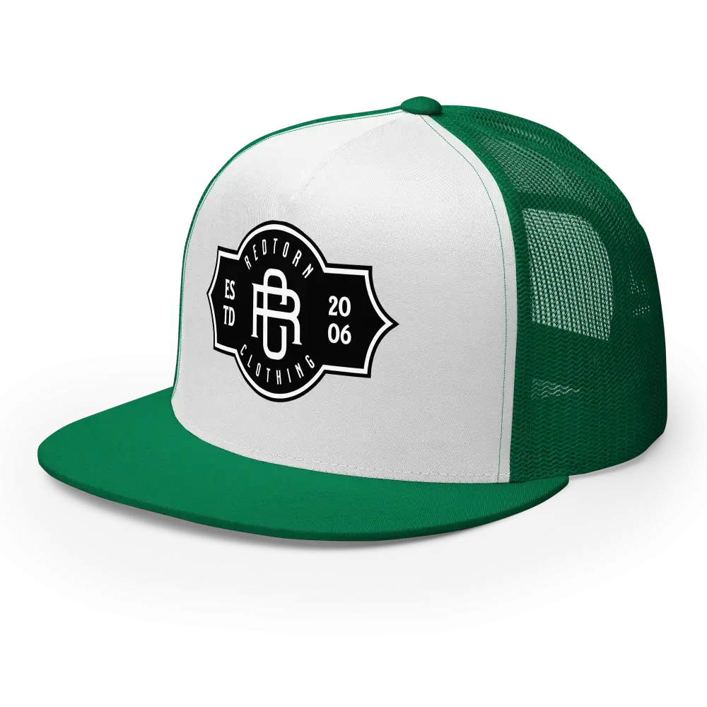 RC Legacy Snapback Cap: Green and white trucker hat with black logo