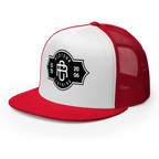 Red and white RC Legacy snapback cap with black logo, Australian clothing brand streetwear