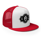 RC Legacy Snapback Cap: Red and white trucker hat with black logo