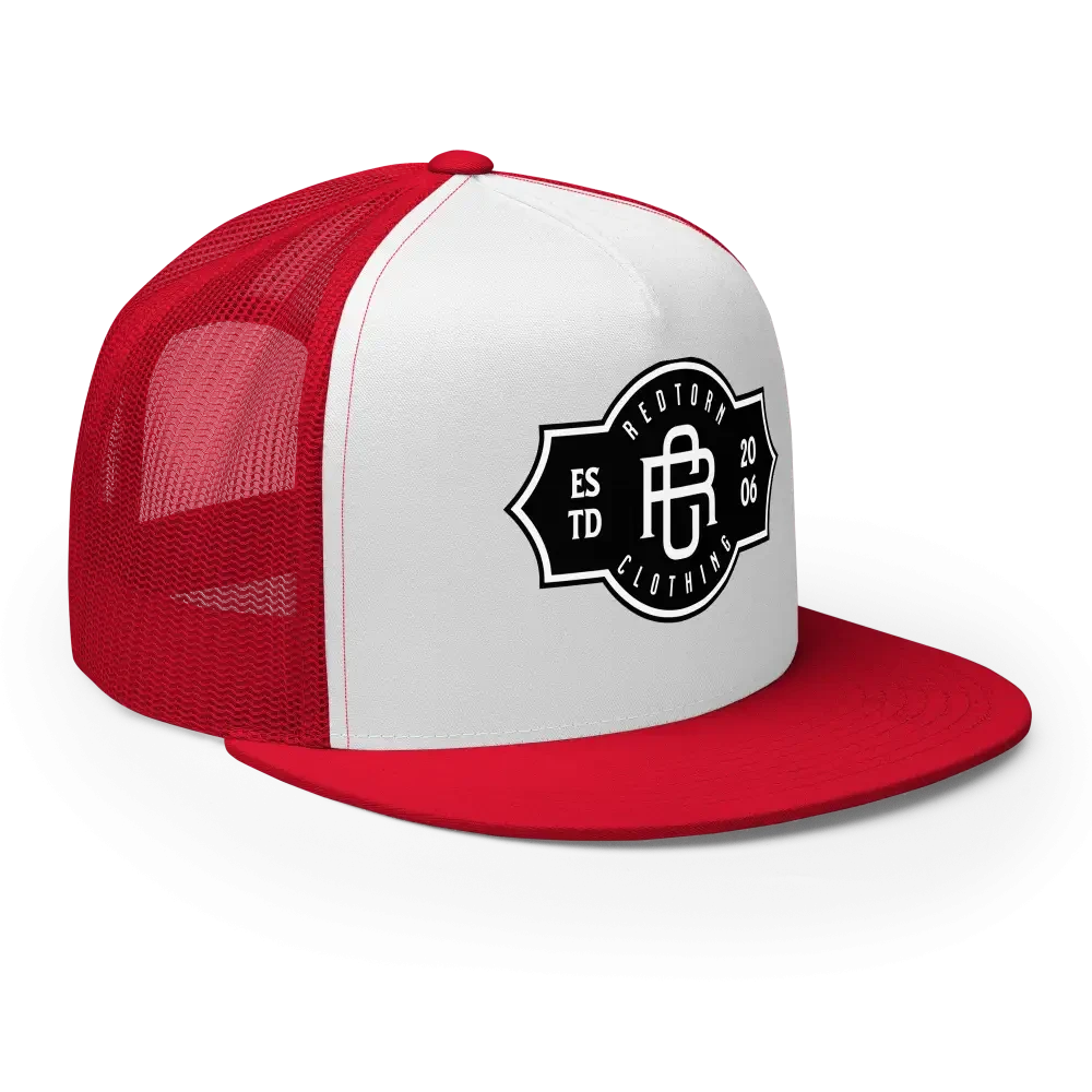 RC Legacy Snapback Cap: Red and white trucker hat with black logo