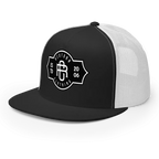 RC Legacy Snapback Cap: Black and white trucker hat with mesh back