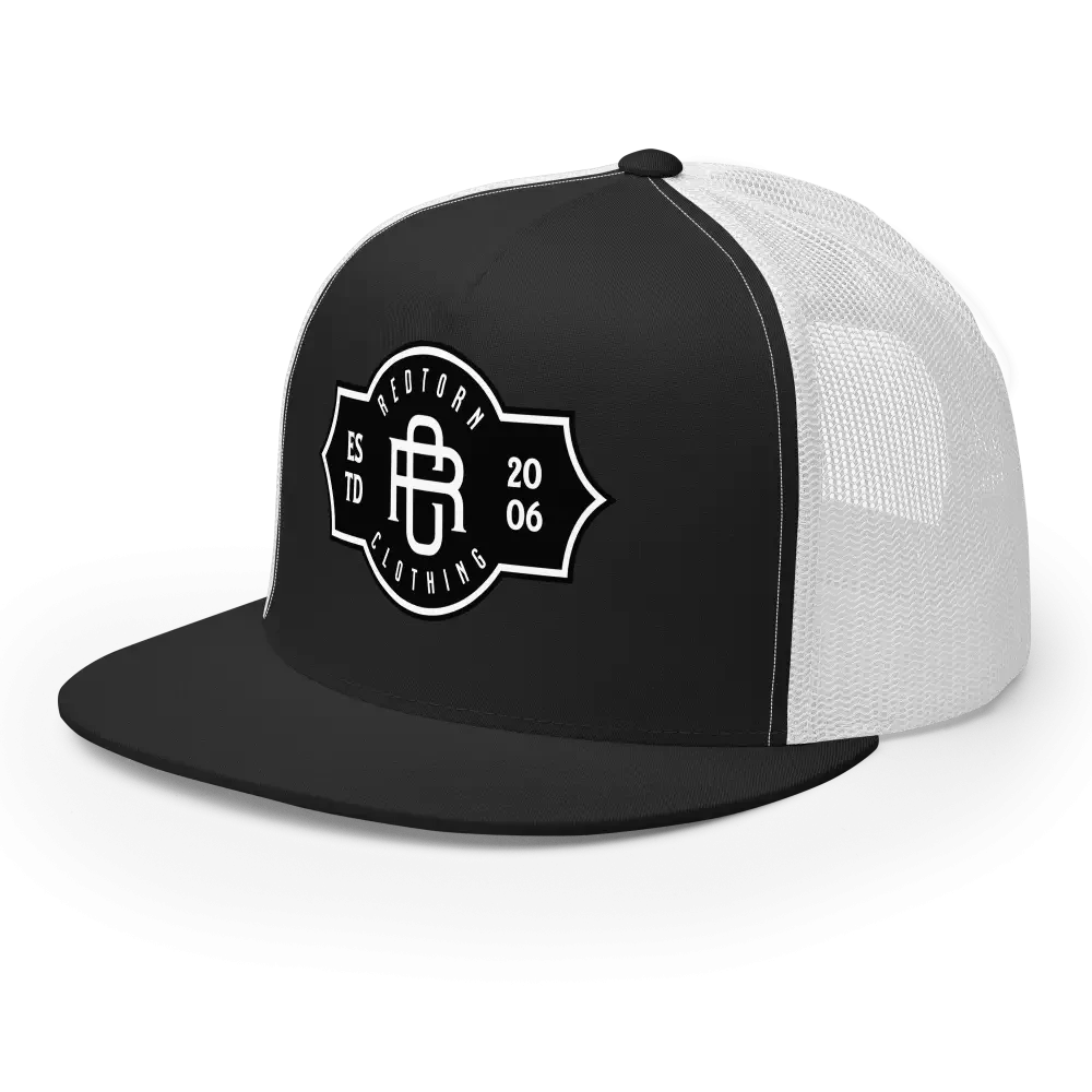 RC Legacy Snapback Cap: Black and white trucker hat with mesh back