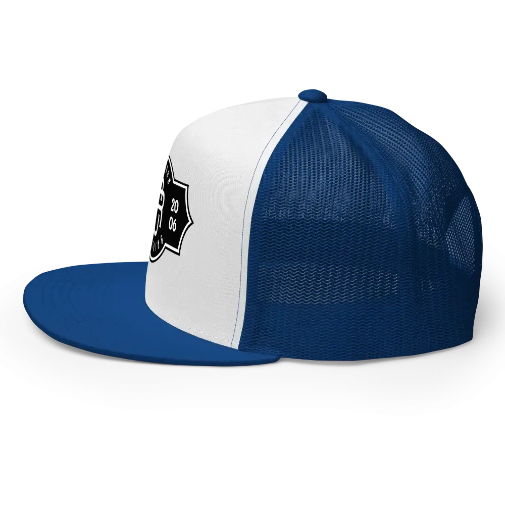 RC Legacy snapback cap in blue and white mesh with black logo