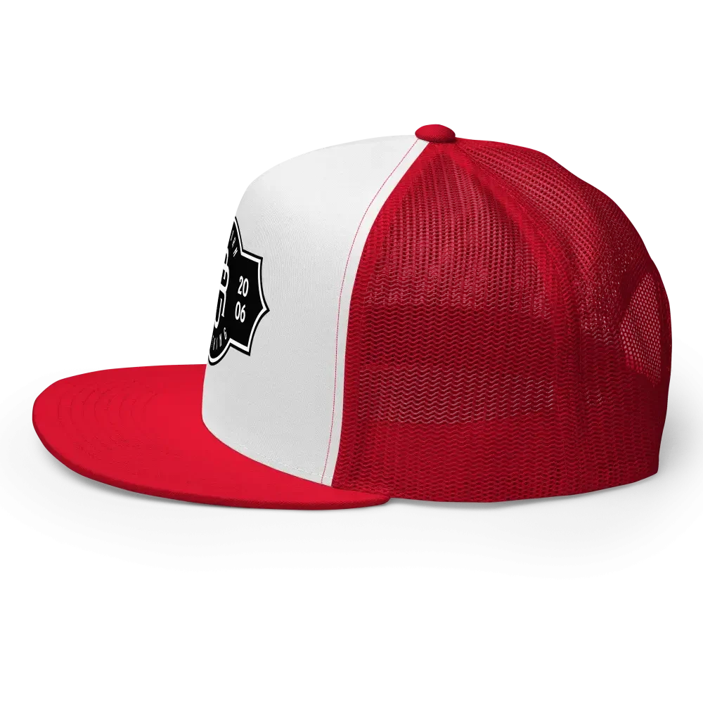 Red and white adidas mesh snapback cap with black logo