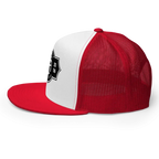 Red and white adidas mesh snapback cap with black logo