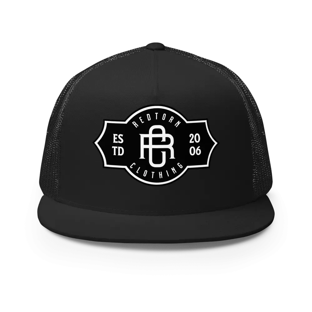 RC Legacy snapback cap: black flat bill with white logo and text