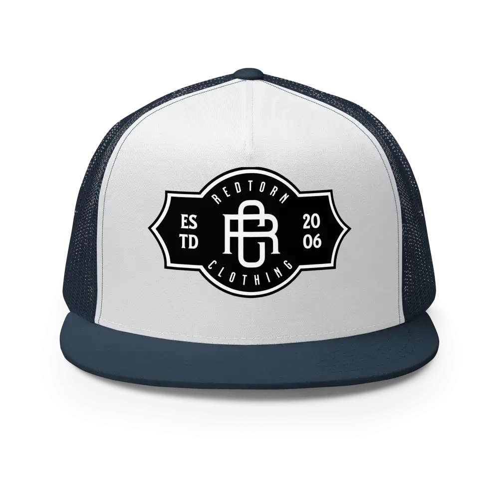 RC Legacy snapback cap in white and navy with black logo, streetwear cap