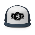 RC Legacy snapback cap in white and navy with black logo, streetwear cap
