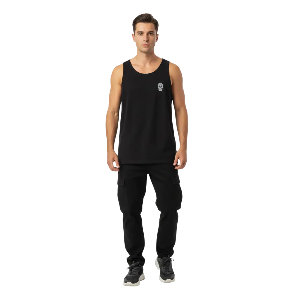 Unisex cotton tank top with black sleeveless design and embroidered text skull graphic