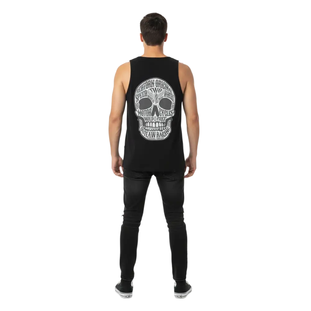 Outlaw Text Skull unisex cotton tank top with white skull graphic