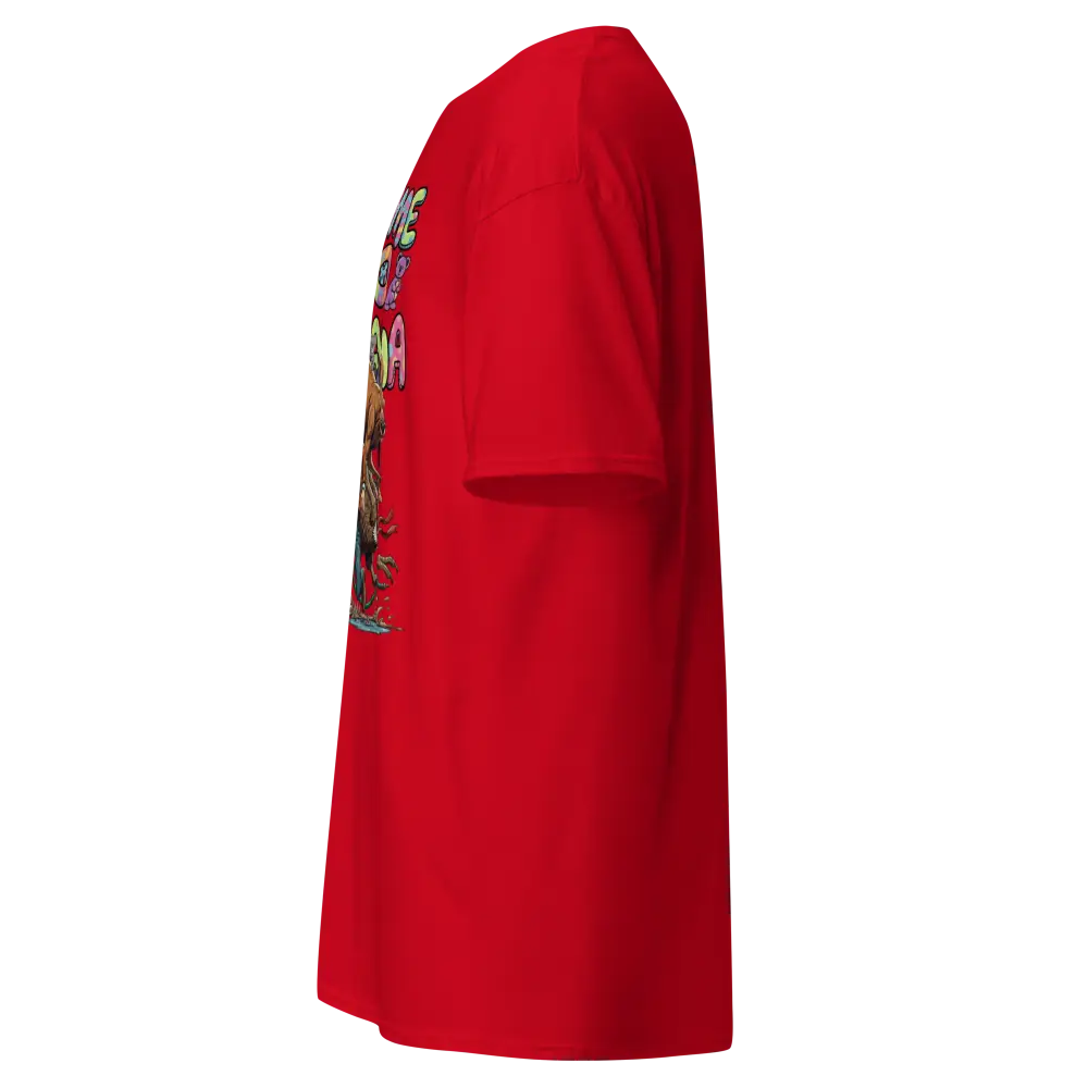 Red floral embroidered Aussie Welcome Classic Tee with pocket and short sleeves