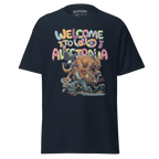 Navy blue Aussie Welcome Classic Tee with colorful Australia text and prehistoric animals