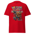 Aussie Welcome Classic Tee: red t-shirt with Antarctica graphic and prehistoric animals