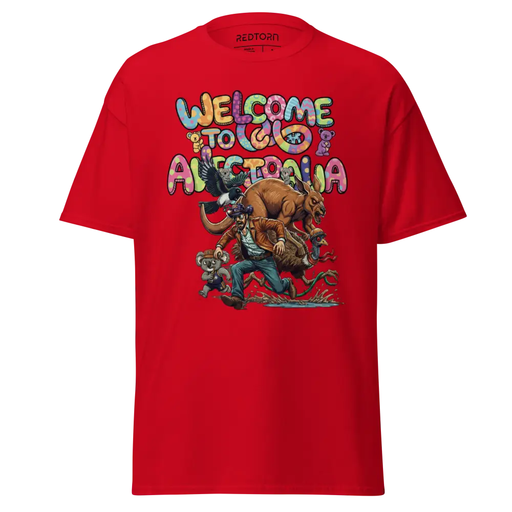 Aussie Welcome Classic Tee: red t-shirt with Antarctica graphic and prehistoric animals