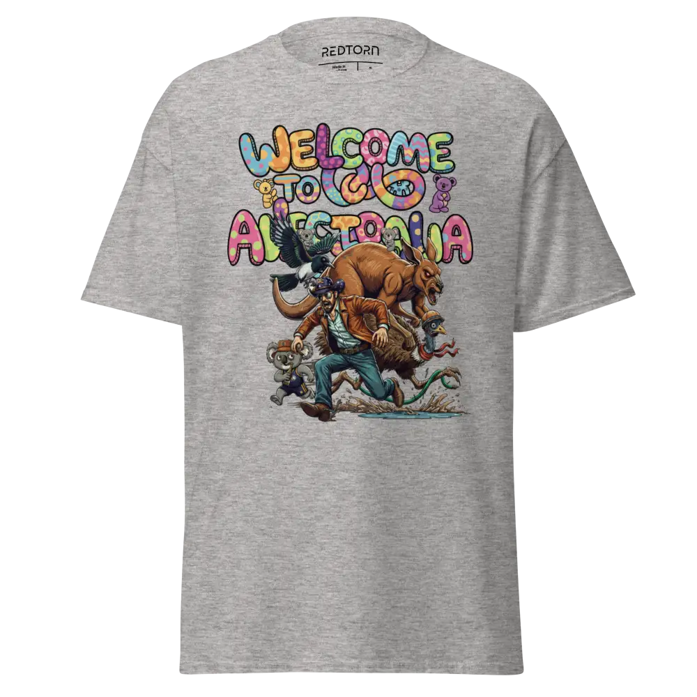 Heather gray Aussie Welcome Classic Tee with Australian animals