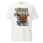 White Aussie Welcome Classic Tee with colorful Australia animals and plants