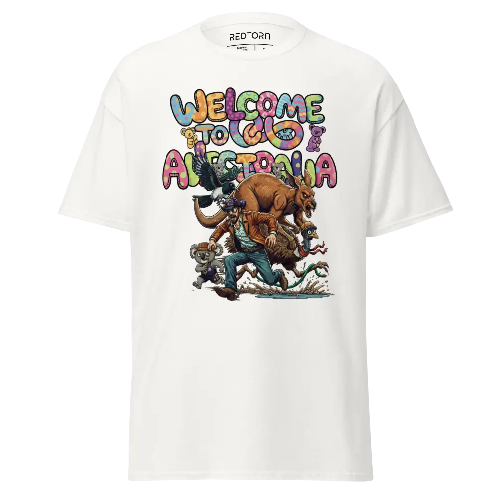 White Aussie Welcome Classic Tee with colorful Australia animals and plants