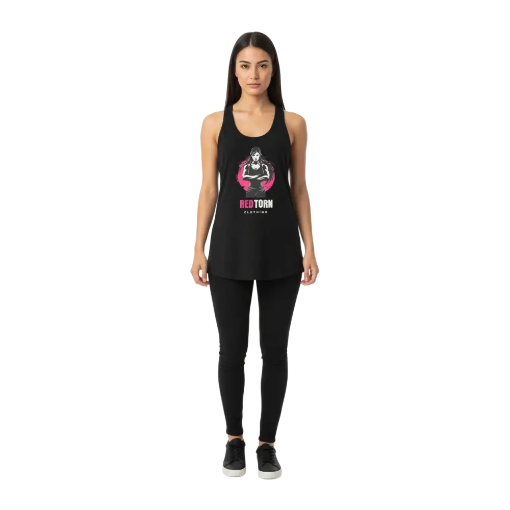 Power Stance women’s racerback tank with pink graphic and red torn clothing text