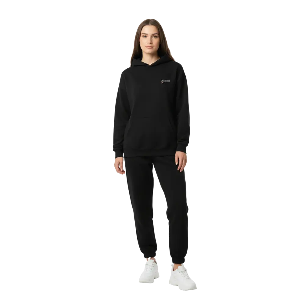 Psychedelic floral women’s hoodie in black oversized style with embroidered logo