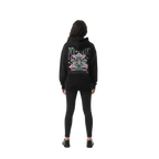 Psychedelic floral women’s hoodie in black with vibrant pink, blue, green back graphic