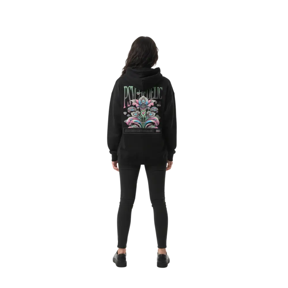 Psychedelic floral women’s hoodie in black with vibrant pink, blue, green back graphic